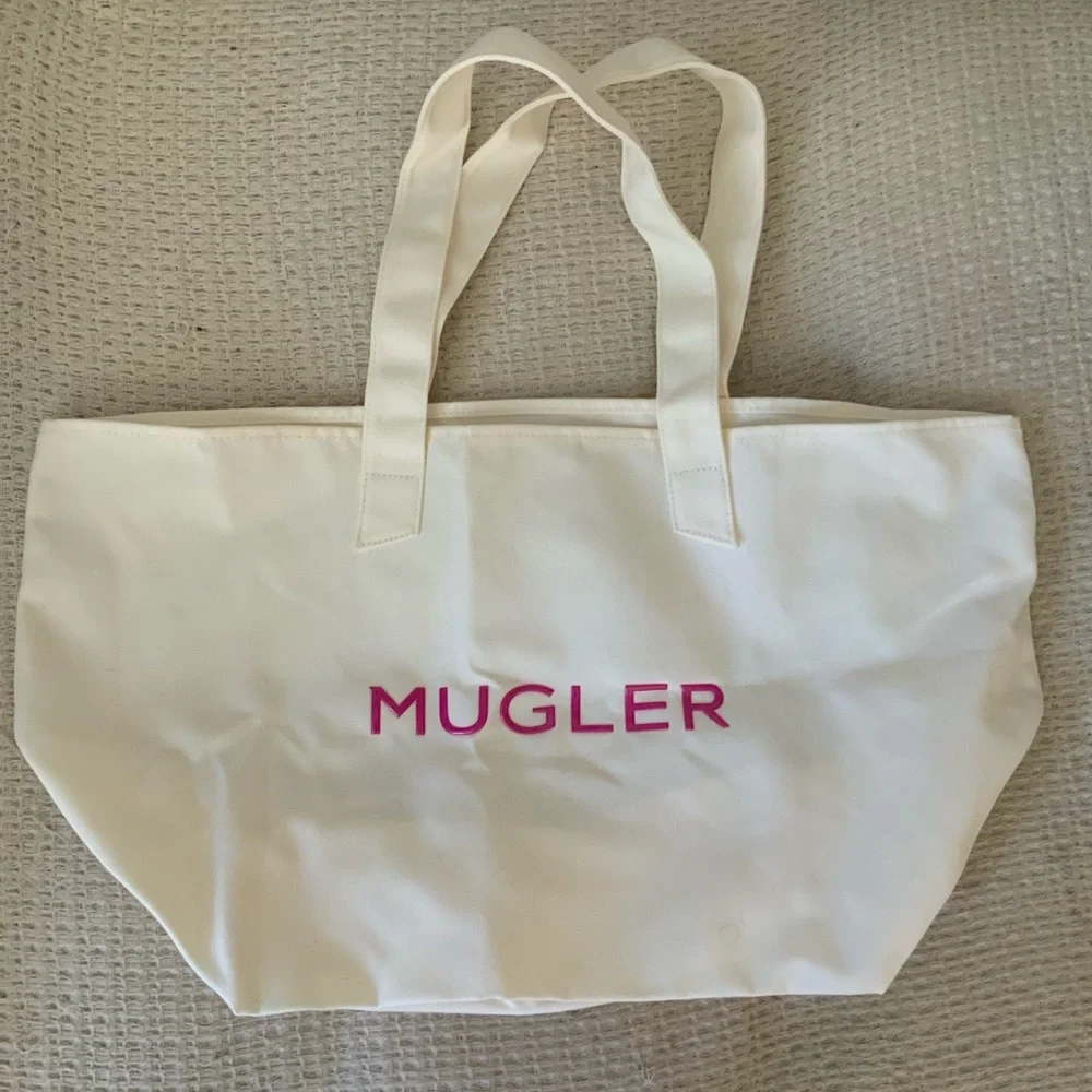 Mugler Pink Logo White Star Canvas Tote Bag Purse Shopper Travel Carryall